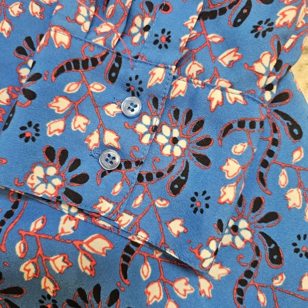 J.Crew Floral Blouse F3802 Small Blue Red Long Sleeve V-Neck FA16
